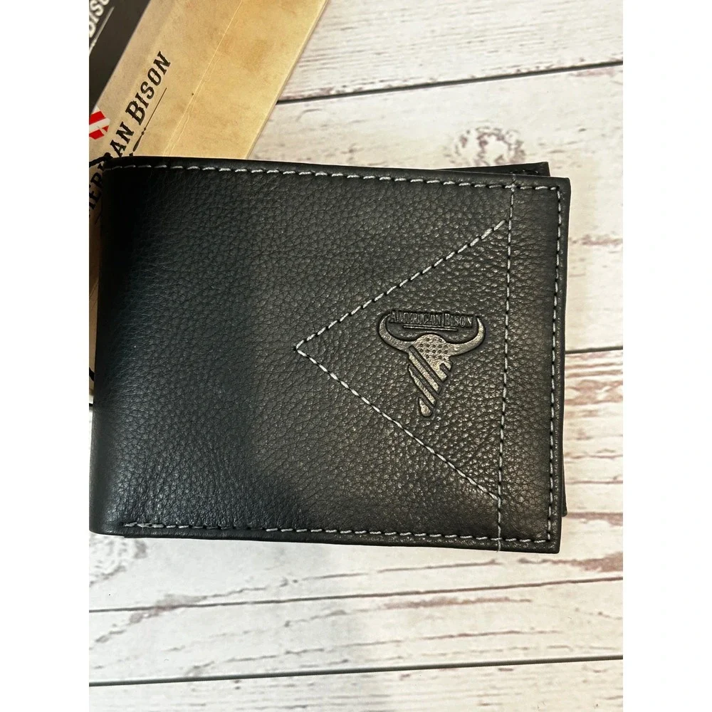 American Bison Mens Black Leather‎ Bifold Wallet RFID Secure Genuine Leather